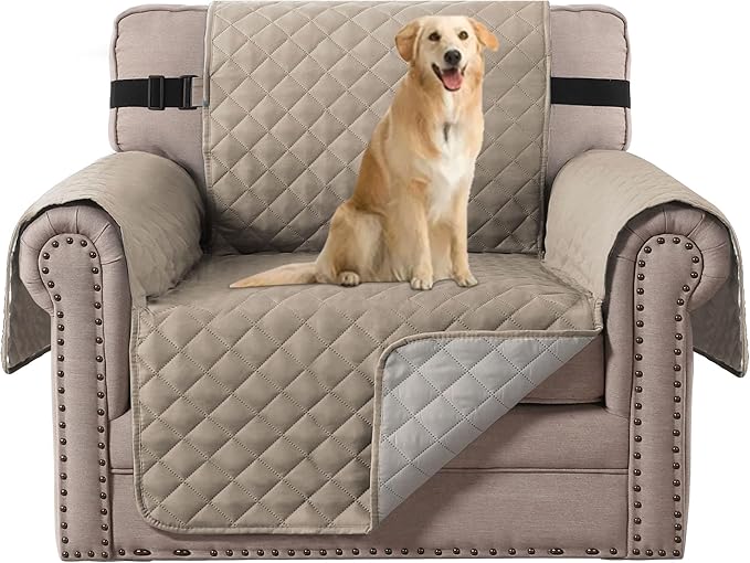 H.VERSAILTEX Reversible Quilted Chair Cover Washable Couch Covers for Dogs Water Resistant Furniture Covers with Elastic Strap Pet Chair Cover for Furniture(Armchair, Khaki/Beige)