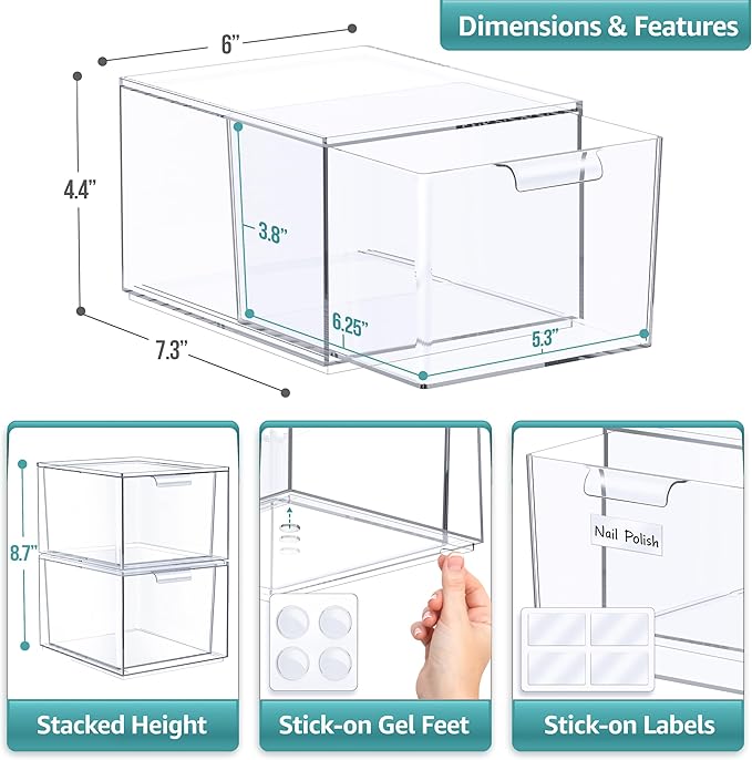 Sorbus Stackable Acrylic Drawers - Clear Make Up Organizers for Vanity - 2 Plastic Storage Bins for Room Decor, Bathroom Organization and Storage, Office Supplies, Makeup Drawer Organizer, Undersink