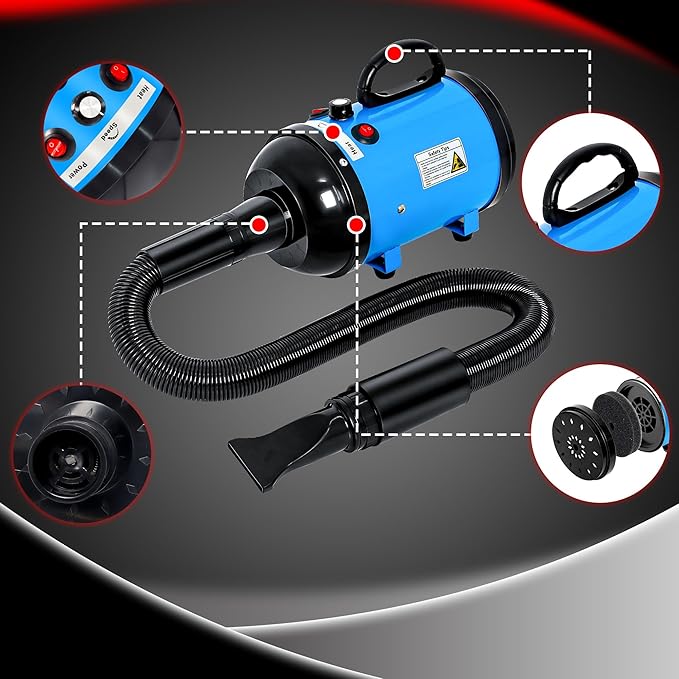 Dog Hair Dryer High Velocity Professional Dog Blow Dryer with Adjustable Speed Dog Pet Grooming Dryer Blower with 4 Nozzle 2 Blow Temperature（Blue