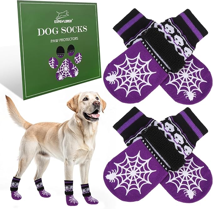EXPAWLORER Halloween Anti Slip Dog Socks to Prevent Licking Paws, Boots & Paw Protectors with Spider Web Grippers,Doggie Booties for Hardwood Floors for Small Medium Large Senior Dogs Purple Ghost L
