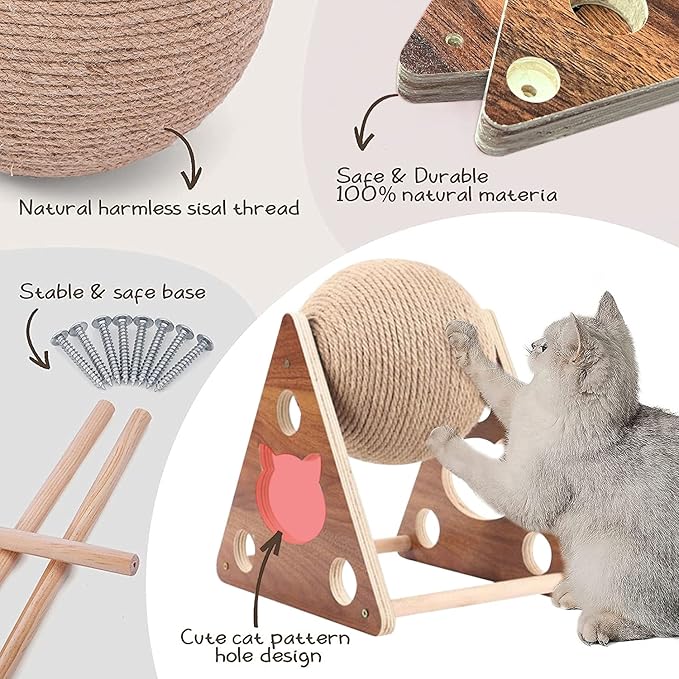 Cat Scratcher, Natural Sisal Rope Scratching Ball with Ball for Cats & Kittens, Interactive Solid Wood Pet Toy (Medium)