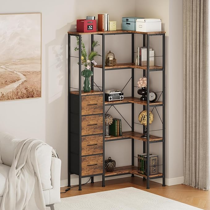 Corner Bookshelf with LED Light Strips & 4 Fabric Drawers, 5-Tier Convertible Corner Shelf with Display Shelf, Large Wood Industrial Bookcase for Living Room, Bedroom, Home Office, Rustic Brown