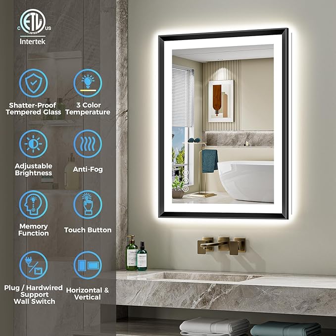 24x36 Black Framed LED Bathroom Mirror with Lights, Backlit and Front Light, Lighted Bathroom Vanity Mirror for Wall Dimmable Anti-Fog Memory Tempered Glass Horizontal/Vertical