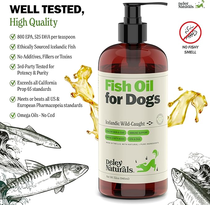 Deley Naturals Fish Oil for Dogs - Itch Relief for Dogs with Omega 3 6 9 for Skin, Joints, Heart and Brain Health - Icelandic Omega 3 Fish Oil for Dogs Skin Irritation - 32oz Omega Oil Made in USA