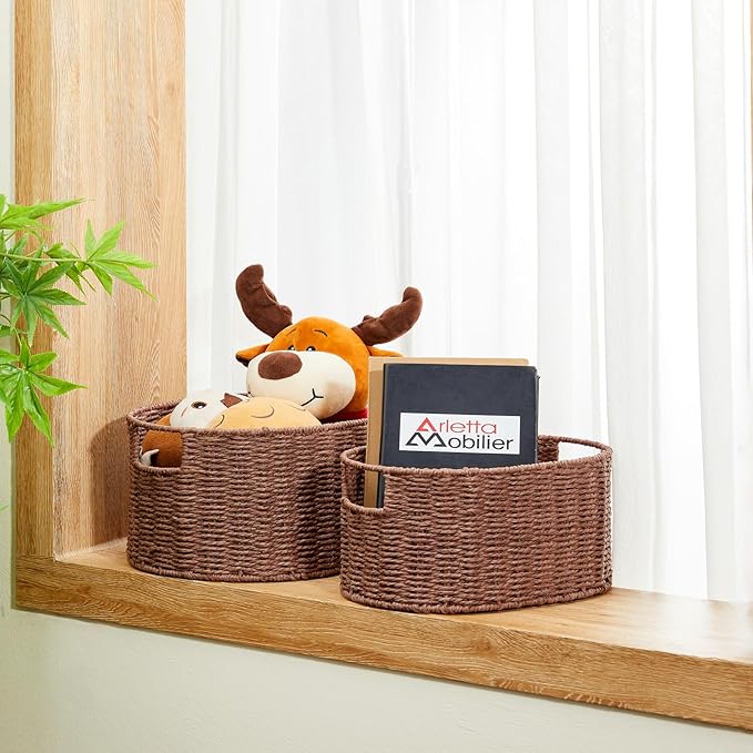 Vagusicc Wicker Storage Basket, Set of 3 Hand-woven Storage Baskets for Organizing, Round Large Wicker Baskets for Storage Decor, Pantry Storage Cubes Organization Baskets for Shelves, Brown