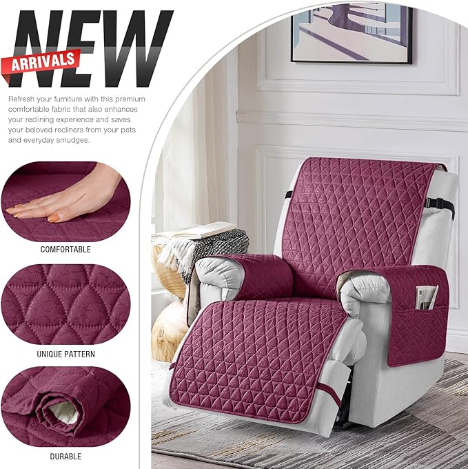 TAOCOCO 100% Waterproof Recliner Cover - Recliner Chair Covers with Non-Slip Granule, Elastic Band, Wine, Oversized-30''