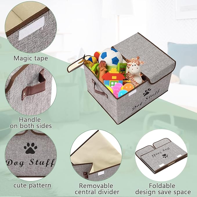 Geyecete Large Storage Boxes - Large Linen Fabric Foldable Storage Cubes Bin Box Containers with Lid and Handles for Dog Apparel & Accessories, Dog Coats, Dog Toys, Dog Clothing(Grey)