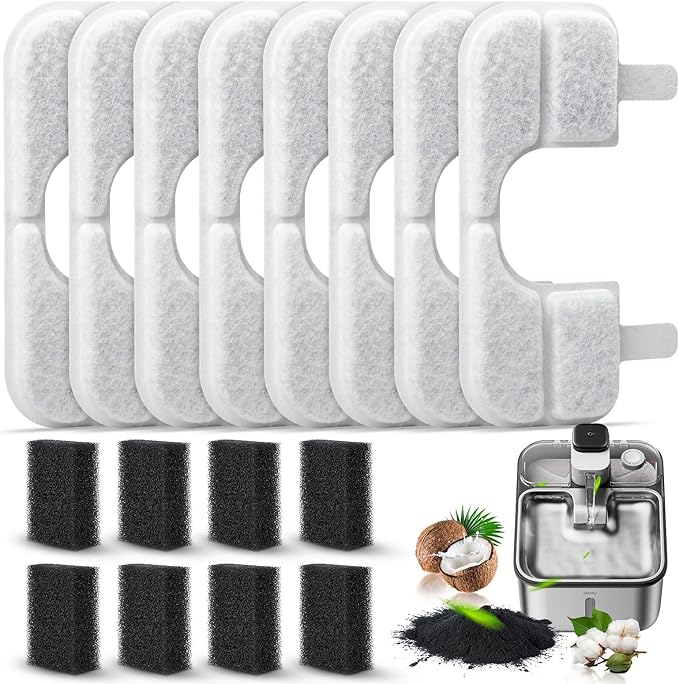 8 Pack Replacement Filters & 8 Pump Filter Sponges for Qinliy Q108 123oz/3.5L Stainless Steel Cat Water Fountain Filter Replacement