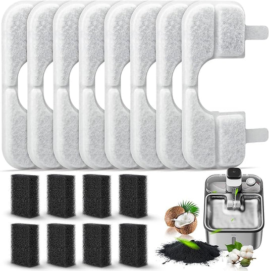 8 Pack Replacement Filters & 8 Pump Filter Sponges for Qinliy Q108 123oz/3.5L Stainless Steel Cat Water Fountain Filter Replacement