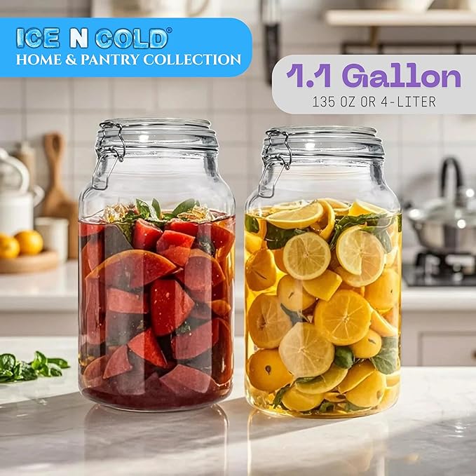 Airtight Glass Storage Jars with Clamp Lid – Food Storage Containers with Rubber Gasket Seal – Pantry & Kitchen Canisters for Dry Goods, Coffee, Sugar, Pasta – 0.4L to 4L Sizes (2, 135oz | 4L)
