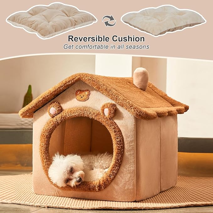 JIUPETY Cute Cat Beds for Indoor Cats, Foldable Cat House with Non-Slip Bottom, S Size Kitten Bed for 0-6 Lb Dogs and 0-8 Lb Cats, Brown