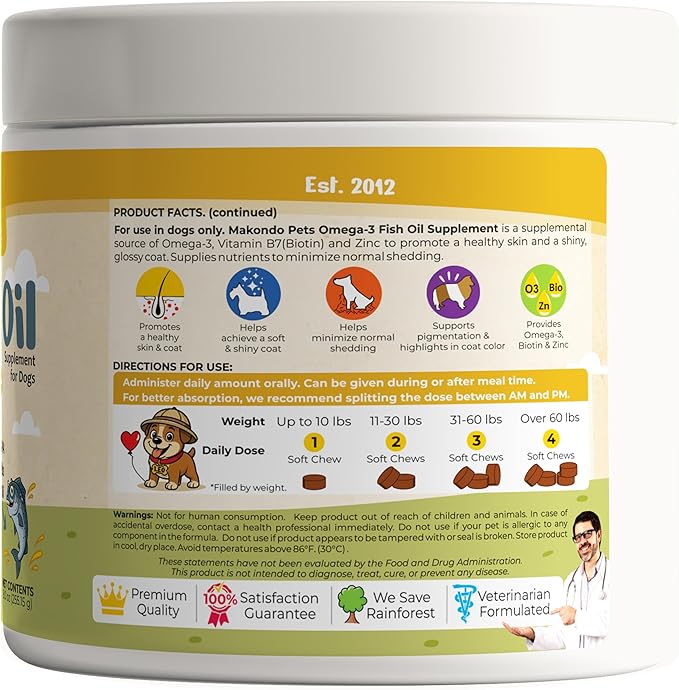 Omega 3 Soft Chews – Salmon Oil for Dogs Skin and Coat Support, Itch Relief & Shedding Support – EPA & DHA Dog Fish Oil Fatty Acids – 120 Chews by Makondo Pets.