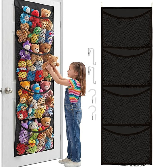 Ofiray-home Over The Door Stuffed Animal Storage, Cotton Toy Organizer for Storage Plush Toys, Stuffed Animal Holder with 4 Large Pockets, Hanging Door Organizer for Nursery, Bedroom (Black)