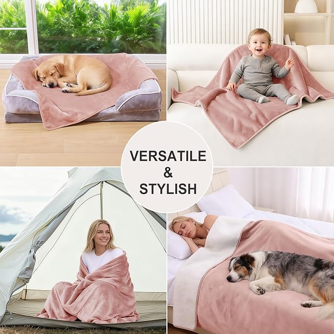 Smiry Waterproof Dog Bed Blanket, Leakproof Pet Throw Blanket for Bed Couch Sofa, Reversible Sherpa Fleece Furniture Protector Cover for Small Medium Large Dogs Cats (Dusty Pink, 32x40 inches)