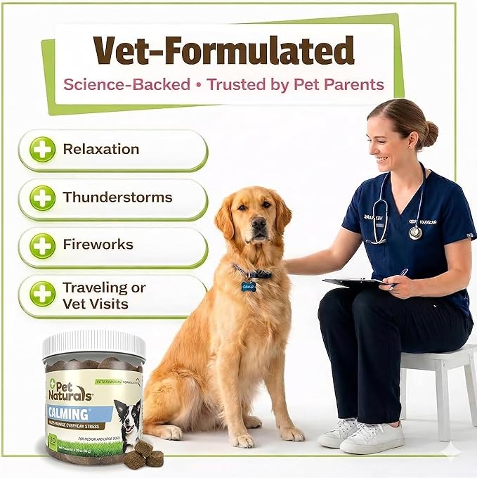 Pet Naturals Calming Chews for Medium and Large Dogs, 30 Chicken Liver Flavored Soft Chews, Anxiety Relief for Barking, Separation Stress, Fireworks and Thunder, Naturally Sourced Behavioral Support