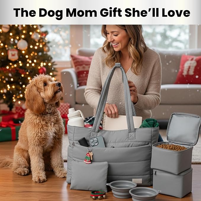 Puffer Dog Travel Bag for Dog Moms – Doggy Diaper Bag with Pet Bowls & Food Storage or Everyday Puffy Tote – Christmas Doggy Mom Gifts for Women – Lightweight, Travel-Ready Gift for Pet Lovers - Grey