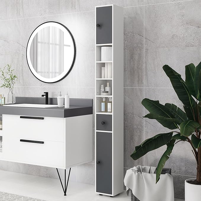 kleankin Narrow Tall Bathroom Storage Cabinet, 71" Slim Freestanding Bathroom Cabinet with Drawer, Open Shelves, 2 Doors and Adjustable Shelves for Small Spaces, Gray