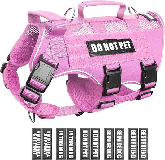 WINSEE Mesh Dog Harness with 10 Pet Patches for Large Service Dog in Training, Breathable Tactical Molle Vest with Double Handles, Reflective Military Pet Vest for Walking Hiking