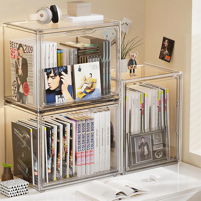 Clear Stackable Storage Bins, Acrylic Display Case, Acrylic Boxes with Lids, Magnetic Lid Storage Bins for Handbags & Purse, Large Figures Collectibles, Storage Box for Home Organization(3 Pack)