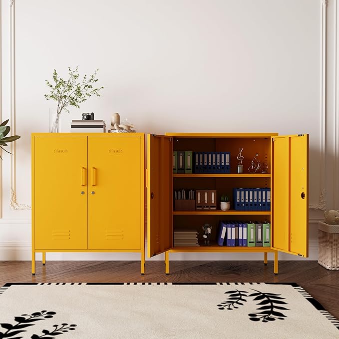 Yellow Heavy Duty Metal Storage Cabinet, Multifunctional Lockable Cabinet with 3 Adjustable Shelves, Secure Industrial Organizer for Home Office School, Easy Assembly, 40" H x 31.5" W x 15" D