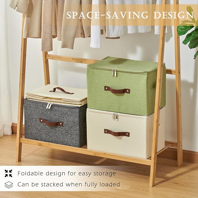 Storage Bins with Zipper Lid Cotton Linen Fabric Lidded Storage Baskets Boxes Foldable Washable Closet Shelf Clothes Organizer Container with PU Leather Handles (Linen, Large)