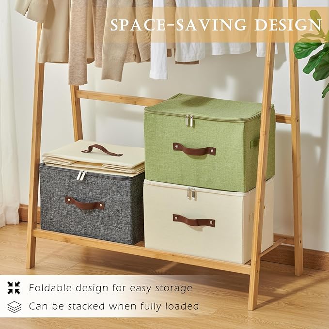 2 Pack Storage Bins with Zipper Lid Cotton Linen Fabric Lidded Storage Baskets Boxes Foldable Washable Closet Shelf Clothes Organizer Container with PU Leather Handles (Purple, Small)