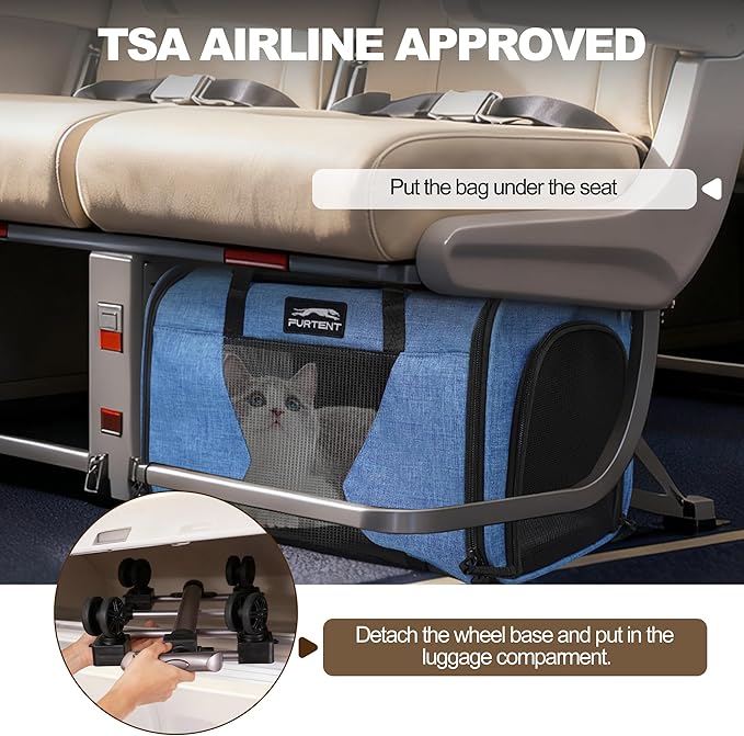 Cat Carrier with Wheels TSA Approved up to 13lbs, Rolling Airline Pet Carriers Under Seat 16.5 * 11 * 10.2in, Soft-Sided Bag for Small Cats and Dogs with Locking Safety Zippers and Pet Bowl, Blue