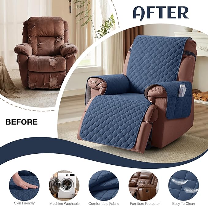 KinCam 100% Waterproof Recliner Chair Cover, Reclining Couch Covers for Pets, Dogs, Recliner Couch Slipcover Furniture Protector with Elastic Straps for Kids(23.6", Blue)
