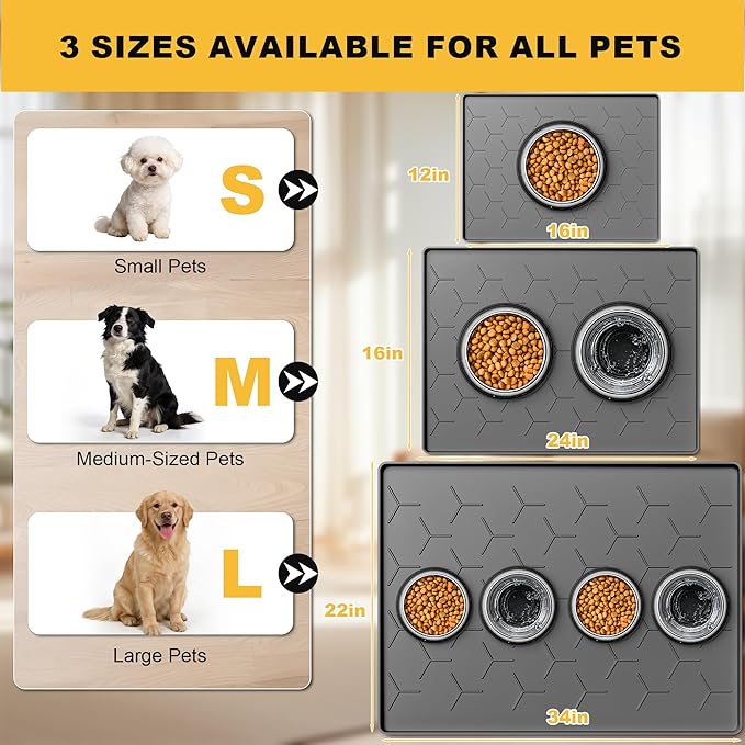 Pieviev 34''x22'' Dog Cat Food Bowl Mat, Silicone Waterproof Food Grade Pet Food Mat for Floor, High Raised Edge to Prevent Spills, Non-Slip & Easy Clean Pet Placemat for Dog & Cat Bowls, Dark Gray