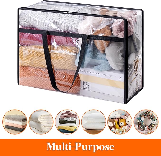 Lifewit 3 Pack Clear Clothes Storage Bags, 60L Plastic Blanket Storage Bag, Vinyl Foldable Moving Bags with Zipper, Closet Organizers and Storage Containers for Bedding, Duvet, Comforter