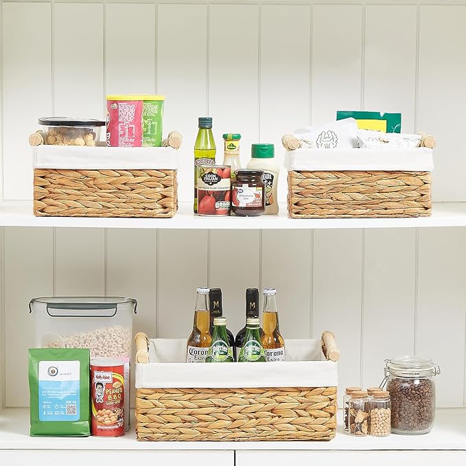 Vagusicc Wicker Storage Basket, 3-Packs Water Hyacinth Storage Baskets for Organizing, Large Cube Storage Organizer Baskets Bins with Handles for Shelves Decor, Small Toilet Paper Storage Basket
