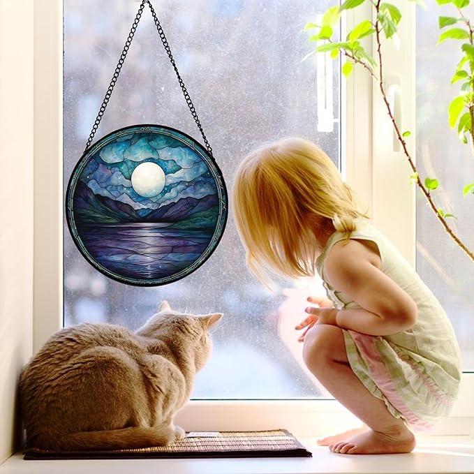 Stained Glass Window Hanging, Blue Night Moon Lake Sun Catchers Colorful Glass Panel Landscape Suncatcher Decor for Birthday for Women, Men, Wife, Aunt, and Mom 11.8x11.8 in