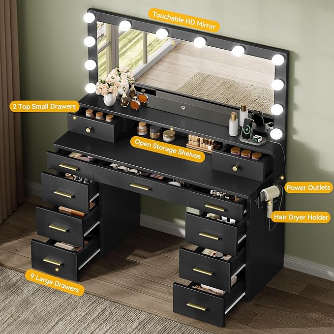 YITAHOME Large Vanity Desk with Mirror and Lights, Big Makeup Vanity with Power Outlets & 11 Drawers, 3 Lighting Modes Adjustable Bedroom Dressing Table for Bedroom, Dressing Room, Black