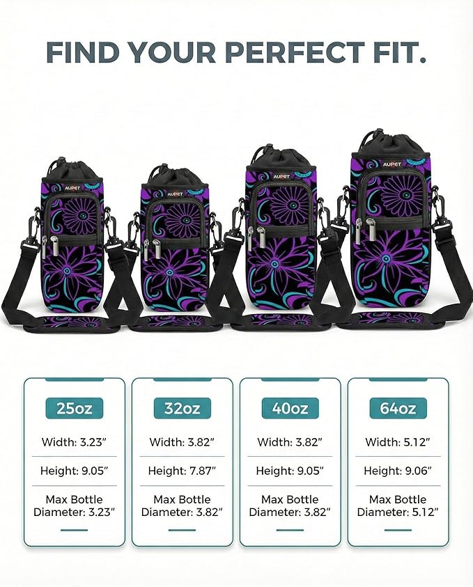 AUPET Water Bottle Sling Bag Sleeve Holder Carrier 25/32/40/64 oz,Insulated Crossbody Water Bottle Case Cover with Strap and Pockets for Men/Women Walking Hiking