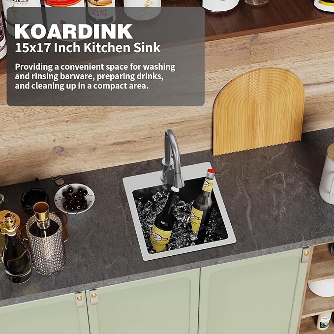 Kitchen And Bar Sink, 15x17 Inch Stainless Steel Drop In Kitchen Sink Modern Single Bowl Topmount Bar Sink Combo-Silicon Mat,Drain Strainer Set Compatibility With Various Kitchen & Bar Style