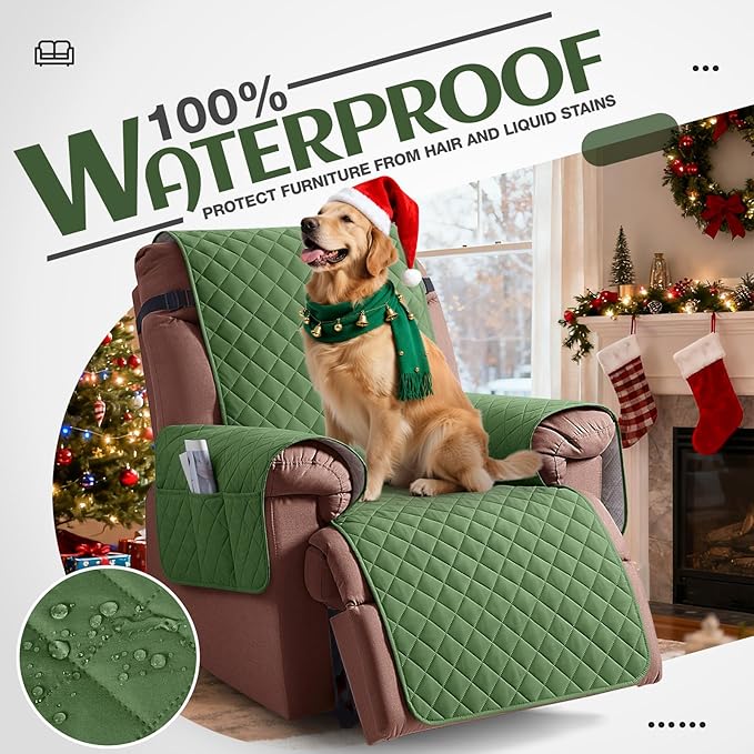 KinCam 100% Waterproof Recliner Chair Cover, Reclining Couch Covers for Pets, Dogs, Recliner Couch Slipcover Furniture Protector with Elastic Straps for Kids(28", Vine Green)