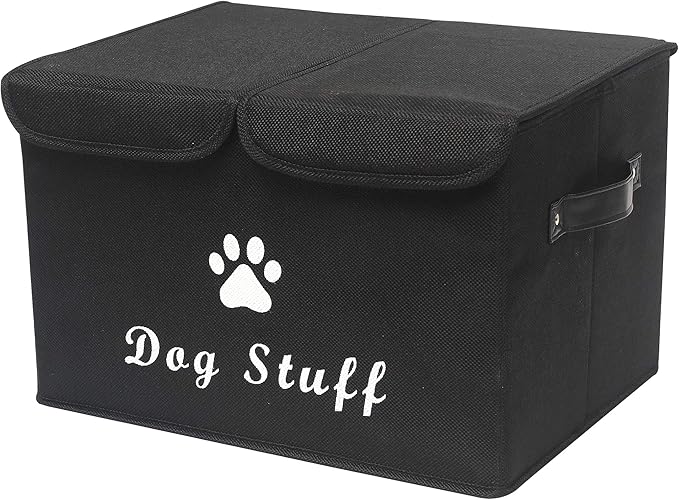 Geyecete Large Storage Boxes - Large Linen Fabric Foldable Storage Cubes Bin Box Containers with Lid and Handles for Dog Apparel & Accessories, Dog Toys(Black)