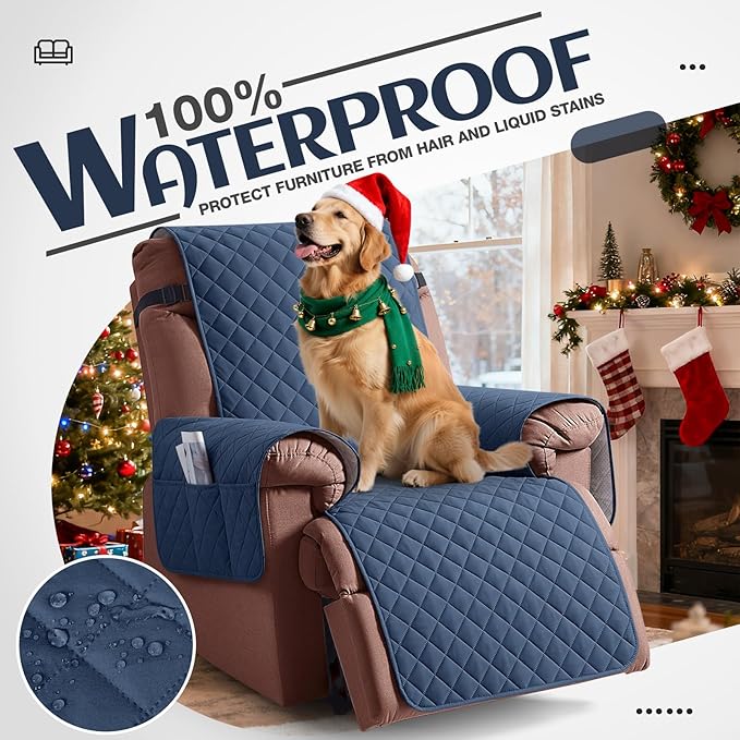 KinCam 100% Waterproof Recliner Chair Cover, Reclining Couch Covers for Pets, Dogs, Recliner Couch Slipcover Furniture Protector with Elastic Straps for Kids(28", Blue)