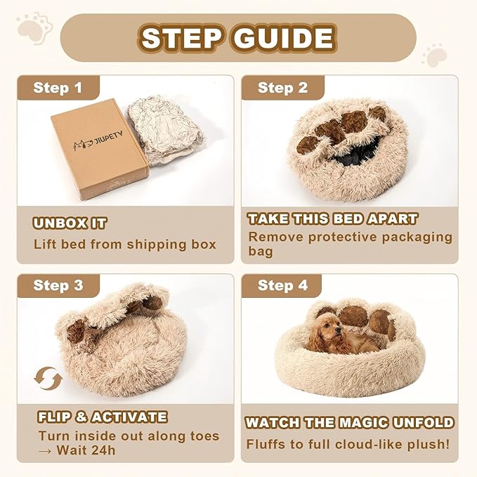 Jiupety Paw Shape Calming Pet Bed, Plush Faux Fur Donut Bed for Dogs & Cats, Machine Washable, Non-Slip Bottom, Medium (22"×22"×6"), Camel