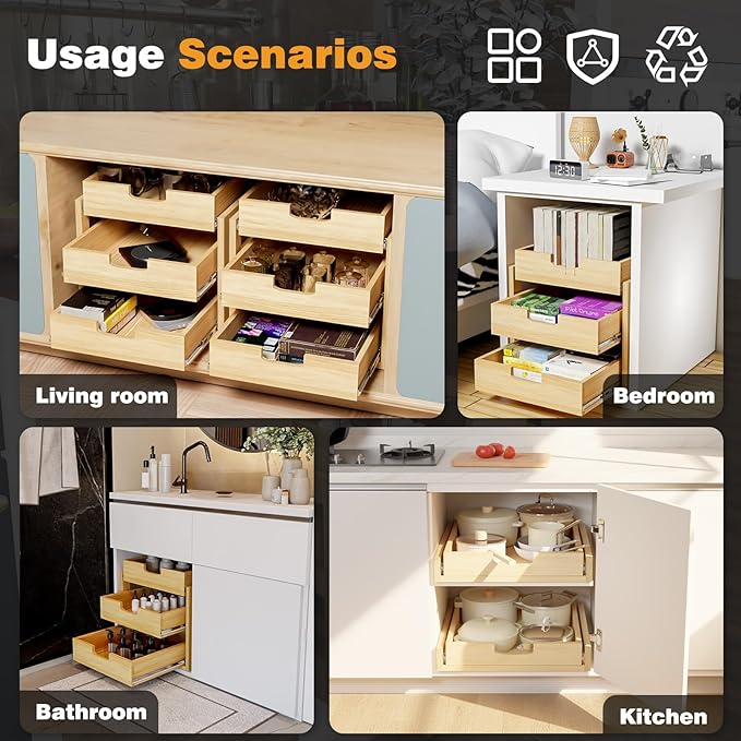 Pull Out Cabinet Organizer, 29''W×21''D Sliding Drawers for Cabinets, Soft Close Slide Out Wooden Pull out Drawers, Base Cabinet Organization for Kitchen, Pantry, Bathroom