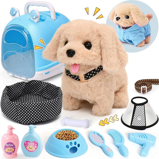 14pcs Robot Dog Toys for Kids Girls Boys 3-6, Realistic Electronic Interactive Plush Toy Dog with Walk & Bark, Pretend Play Puppy Pet Care Playset, 3 4 5 6 Year Old Girl Birthday Gift Ideas