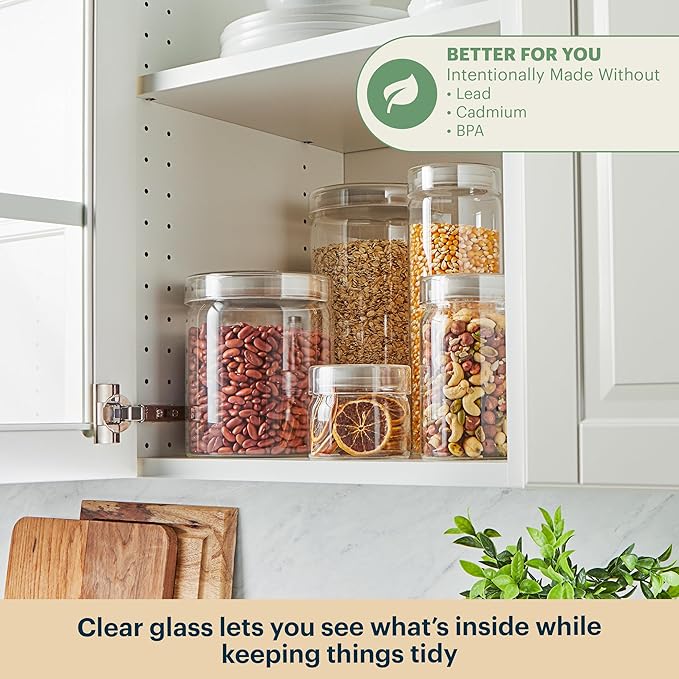 Pyrex 6-Pack Glass Canister Set - Dry Food Storage Containers with Lids for Kitchen and Pantry Organization
