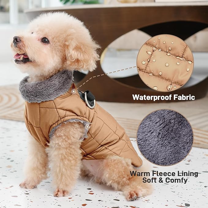 Warm Fleece Dog Coats with Durable Harness Buitl in D-Ring,Waterproof Doggie Jacket for Large Dogs,Dog Vest for Cold Winter,Burnished Khaki XXXL