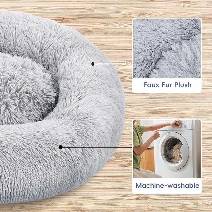 FluffyDream 30 inch Donut Bed - Calming Dog Bed, Plush Washable, Grey