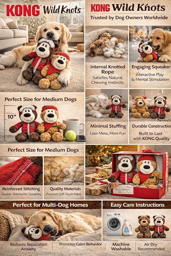 Wild Knots Bear Plush Squeaker Toys 2-Pack — Internal Rope, Minimal Stuffing, Medium Dogs
