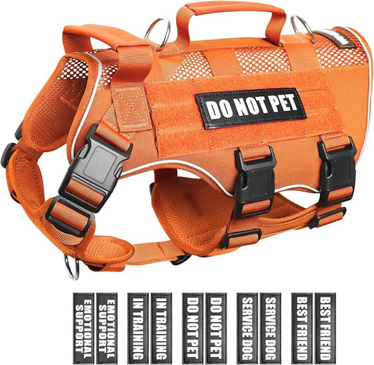 WINSEE Mesh Dog Harness with 10 Pet Patches for Large Service Dog in Training, Breathable Tactical Molle Vest with Double Handles, Reflective Military Pet Vest for Walking Hiking