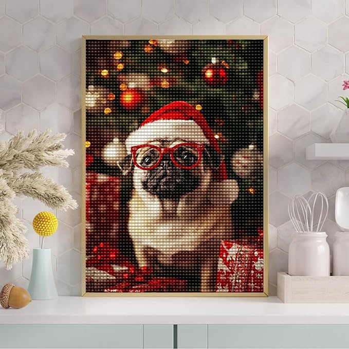 Pug with Glasses Diamond Painting Kits for Beginner, 5d DIY Diamond Painting Kits for Adult Christmas, Paint by Number Without Frame Home Wall Decor 8 * 12Inch