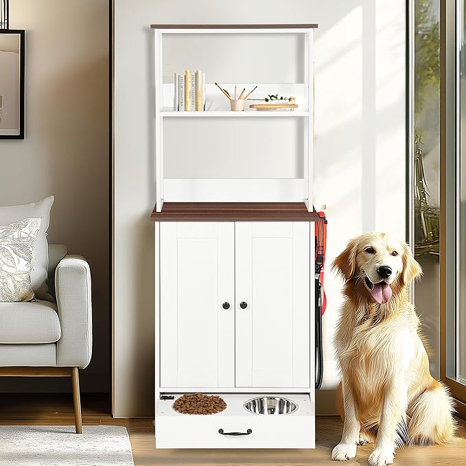 ZMAD Dog Feeding Station with Storage Cabinet and Double Door Locker with 2 Adjustable Dog Bowls, Hidden Pet Feeder Station Wood, Cat Food Storage Cabinet (3)