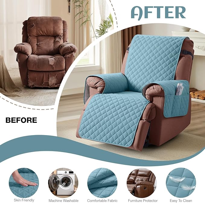 KinCam 100% Waterproof Recliner Chair Cover, Reclining Couch Covers for Pets, Dogs, Recliner Couch Slipcover Furniture Protector with Elastic Straps for Kids(28", Light Blue)