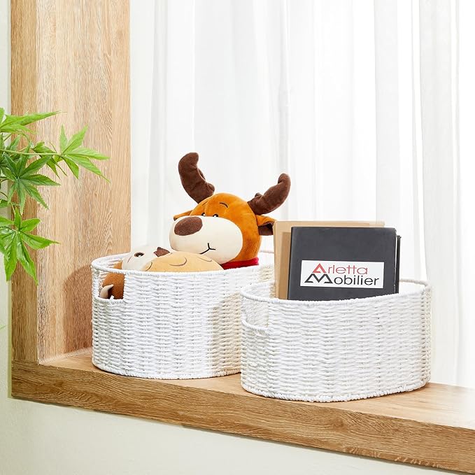Vagusicc Wicker Storage Basket, Set of 3 Hand-Woven Paper Rope Storage Baskets for Organizing, Round Storage Basket With Handles, Large Wicker Storage Organizer Bins Baskets for Shelves & Decor, White